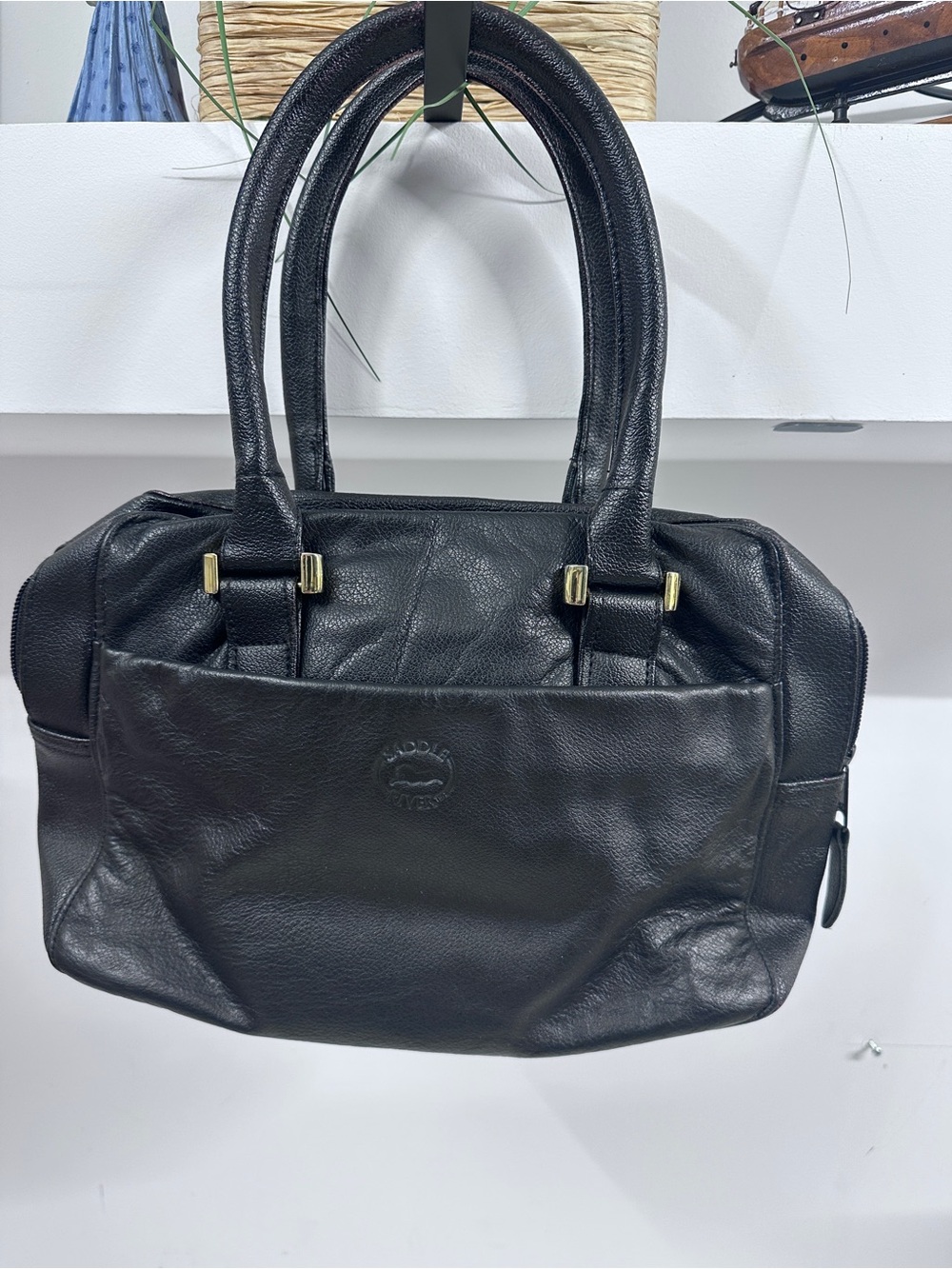 Vintage Saddle River Black Genuine Leather Handbag Gold Hardware